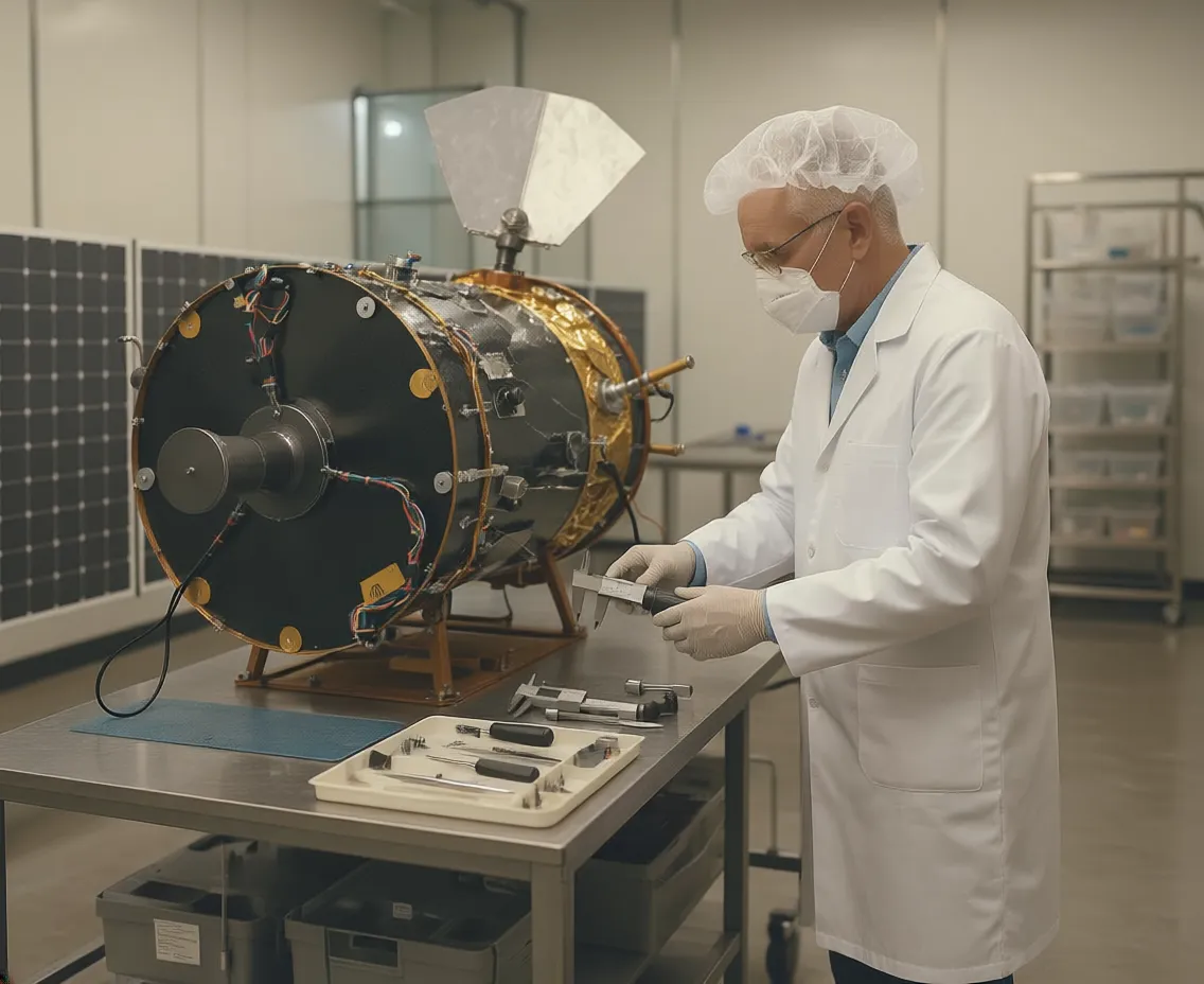 A satellite subassembly on a workbench in a clean room, with an engineer in protective dress